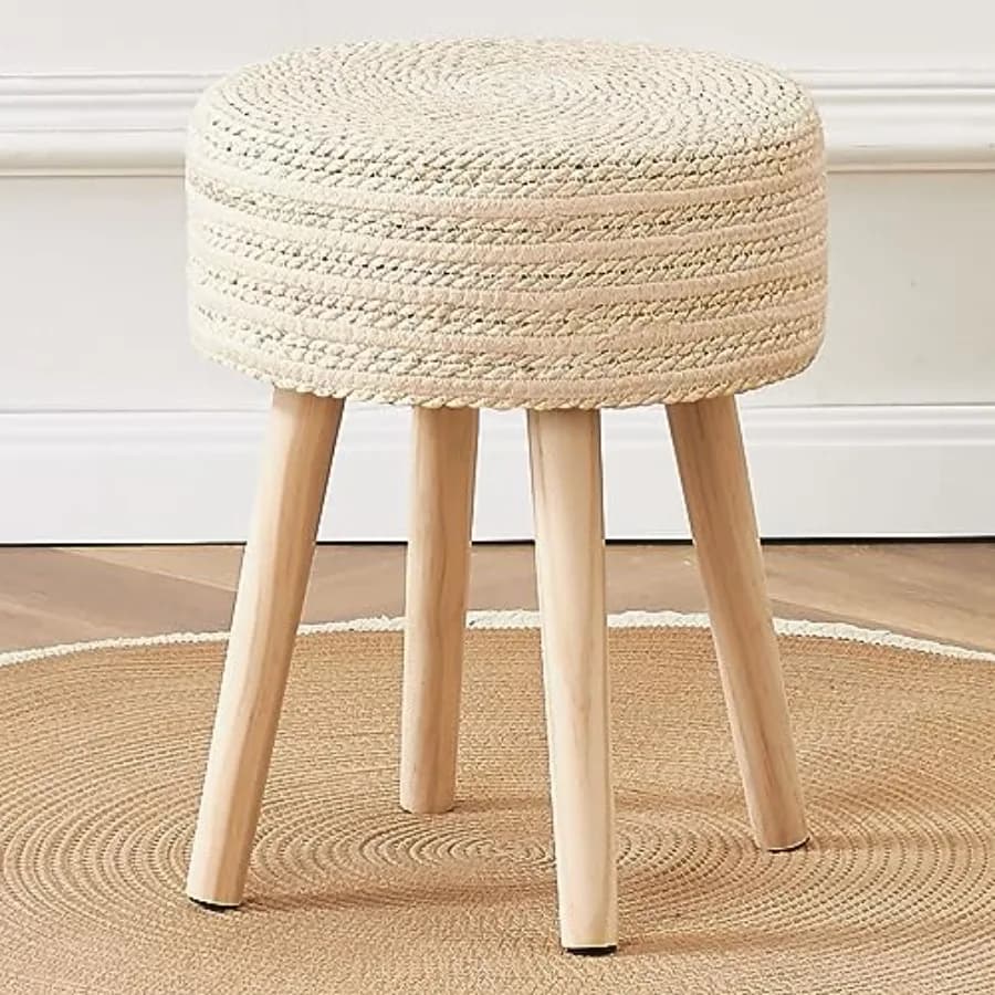 Pouf Rotondo con Gambe in Legno Massello, Poggiapiedi Intrecciato a Mano, Sgabello per Soggiorno e Balcone