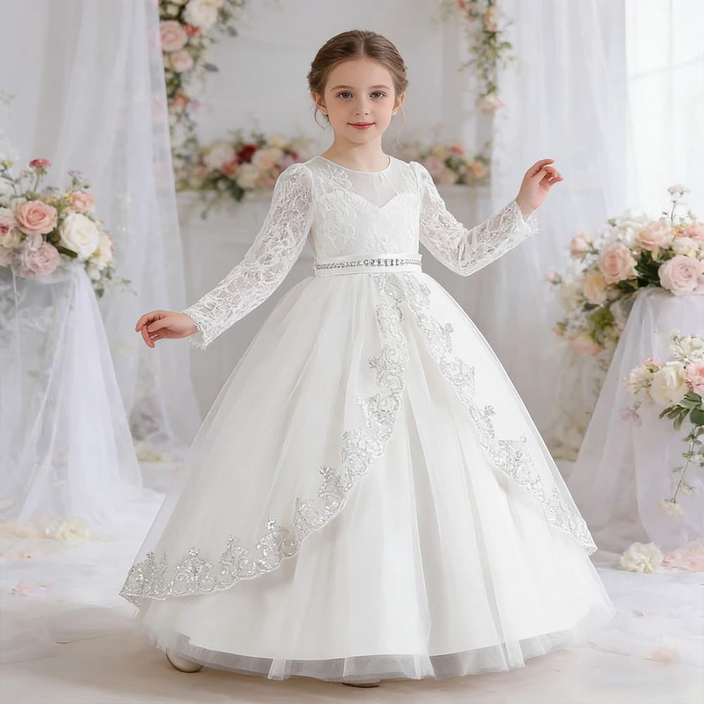 Elegante Abito da Principessa in Tulle, Vestito da Damigella per Matrimonio, Abito Bianco per Ragazze, Costume per Battesimo, Prima Comunione, Abito da Sera