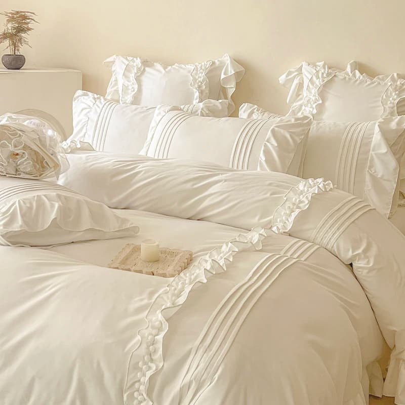 Set di Biancheria da Letto in Stile Principessa Coreana con Pizzo e Volant, Copripiumino Tinta Unita, Lenzuolo Piatto/Con Angoli e Federe