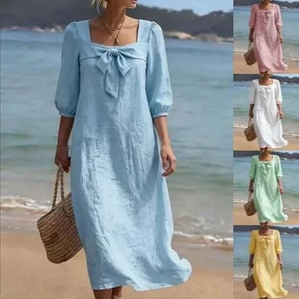 Summer Woman Dress Square Neck Bow Cotton Linen Dresses Long Pastel Blue Maxi Dress Three Quarter Sleeve Mint Green A Line
