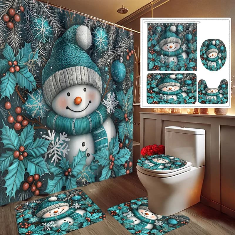 Set da bagno 4 pezzi blu pupazzo di neve – Tenda da doccia Tappetino antiscivolo Copriwater Tappeto 12 ganci in plastica Decorazioni per la casa