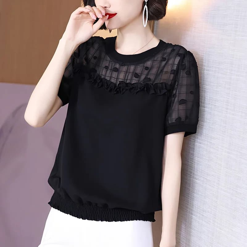 Stylish o-neck wrapped loose blouse with volant women's clothing 2023 summer new pullover Casual Office Lady Chiffon shirt
