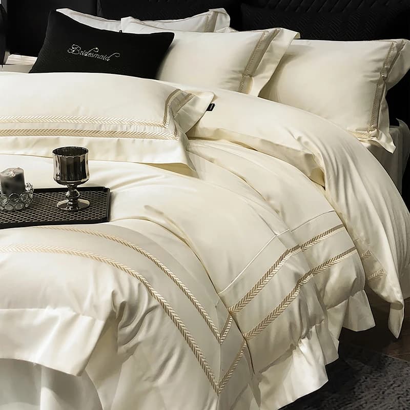 100% cotone di lusso ricamo tinta unita stile hotel set biancheria da letto Queen King copripiumino lenzuolo piatto/con angoli federe 4 pezzi