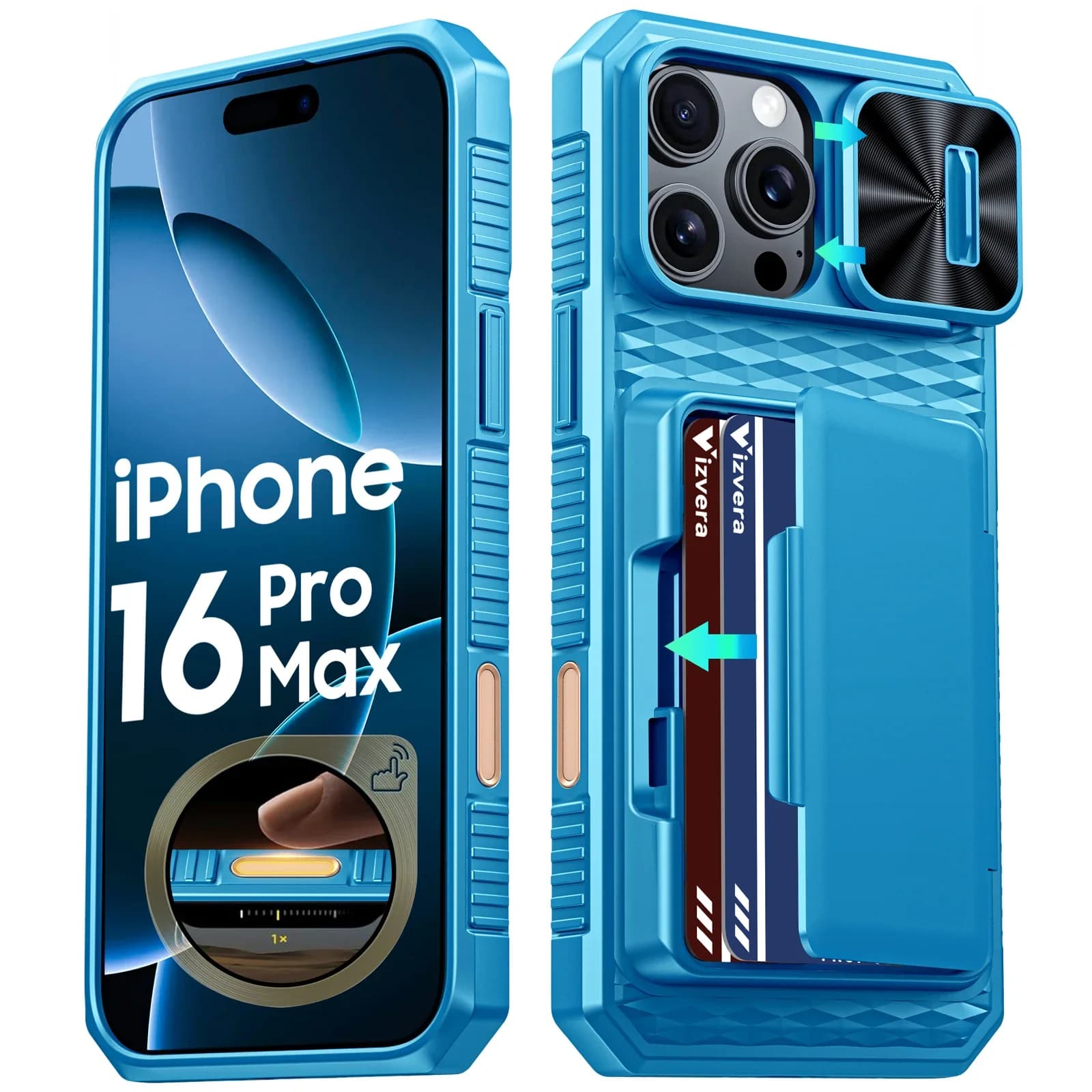 Custodia Protettiva per iPhone 16 Pro Max, con Copertura Fotocamera, Porta Carte RFID, Robusta Antiurto - Blu Cielo