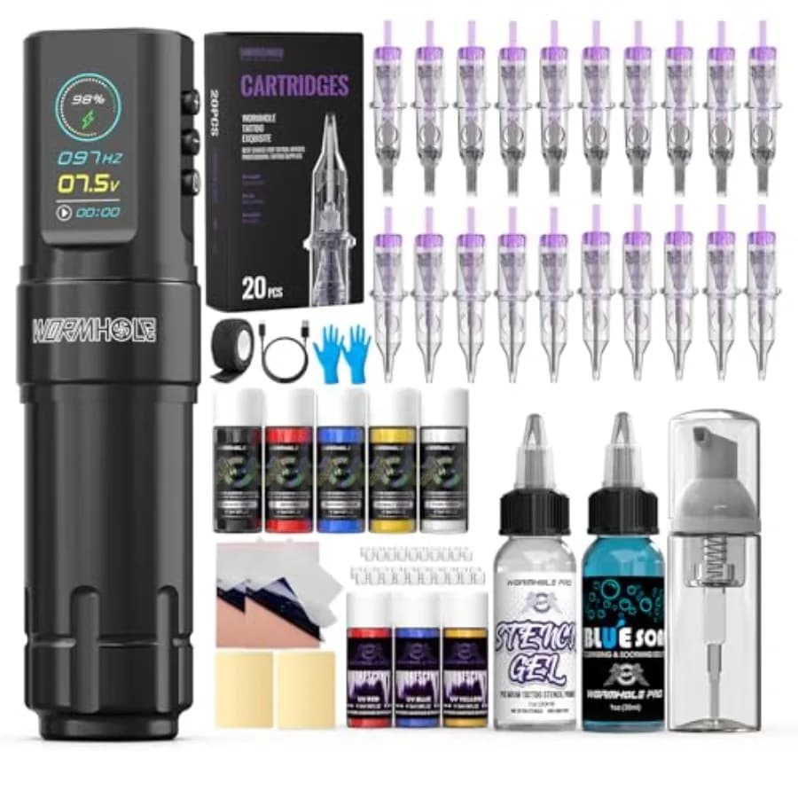 Kit Tatuaggio Wireless con Batteria da 1800mAh, Modalità di Avvio Rapido, Funzione Timer e Memoria, Kit Completo per Tatuaggi