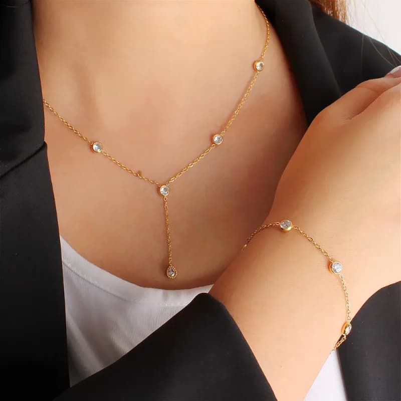 Minimalist Cubic Zirconia Stainless Steel Chain Bracelet Necklace Set for Women Daily Wear
