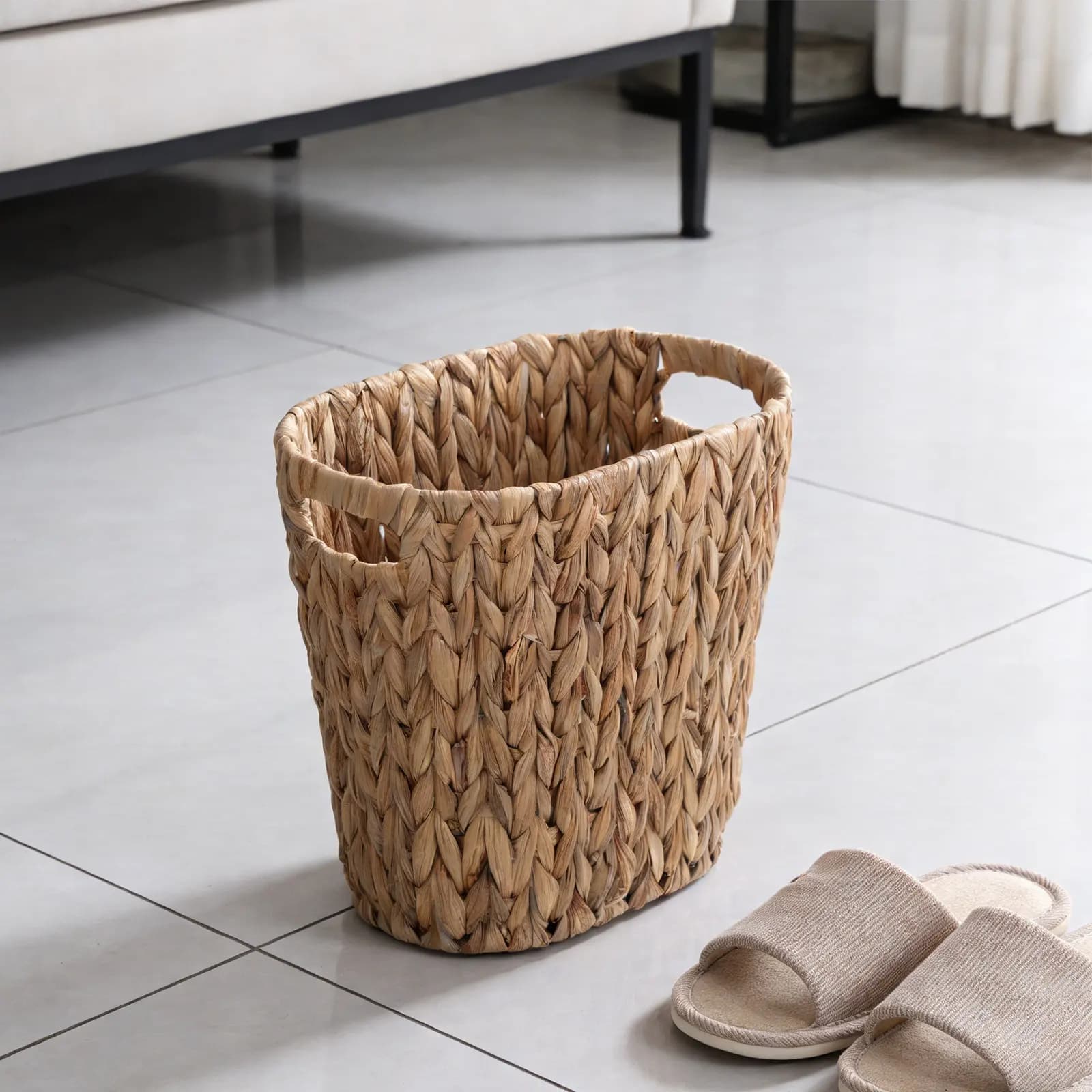Cestino Rettangolare in Rattan Intrecciato a Mano, Grande Contenitore per Rifiuti in Erba Marina per Bagno, Camera da Letto, Ufficio