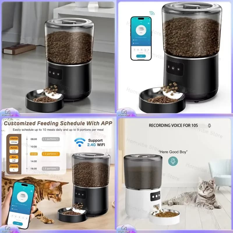 Smart Automatic Pet Feeder 4L WiFi Enabled for Cats and Dogs Remote Scheduled Feeding Smart Feeding Bowl Plastic Pet Food