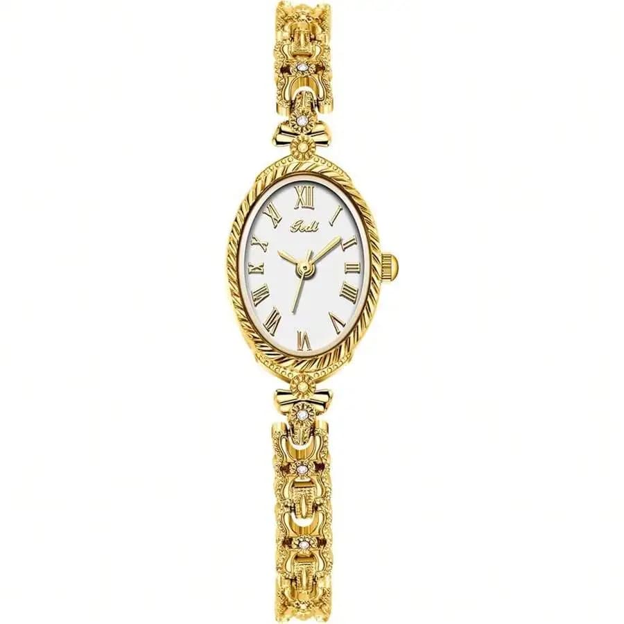 Gosasa Vintage Small Gold Watches For Women Dainty Bangle Analog Oval Case Roman Dial Waterproof Alloy Bracelet Womens Dress