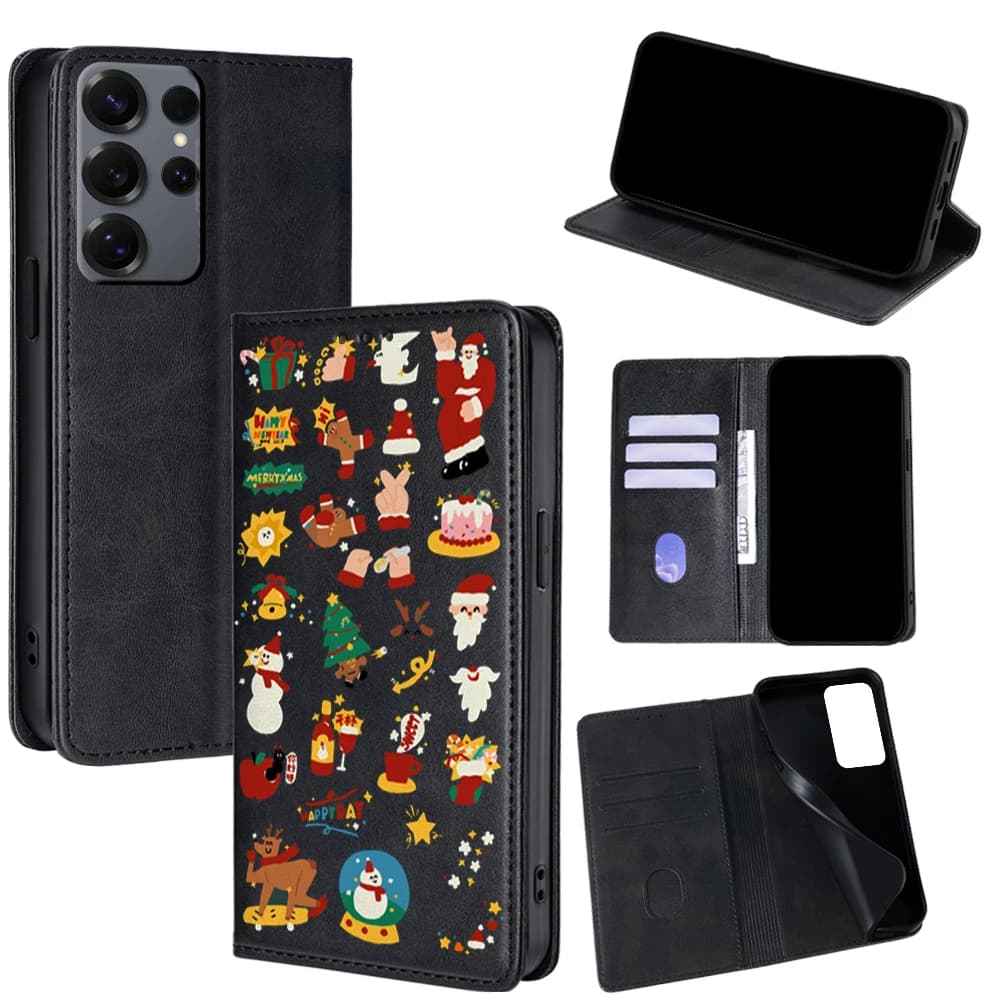 Leather wallet case with Christmas pattern for Samsung Galaxy A17 A07 A36 A26 Galaxy S25 Ultra S25 FE S24 S23 S22 Plus Flip Cover