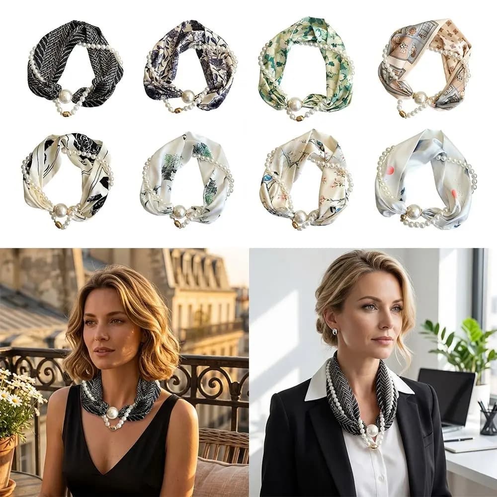 Fashion Thin Pearl Magnetic Clasp Scarf Neck Protection Magnetic Buckle Magnetic Pearl Scarf Silk Scarf Women