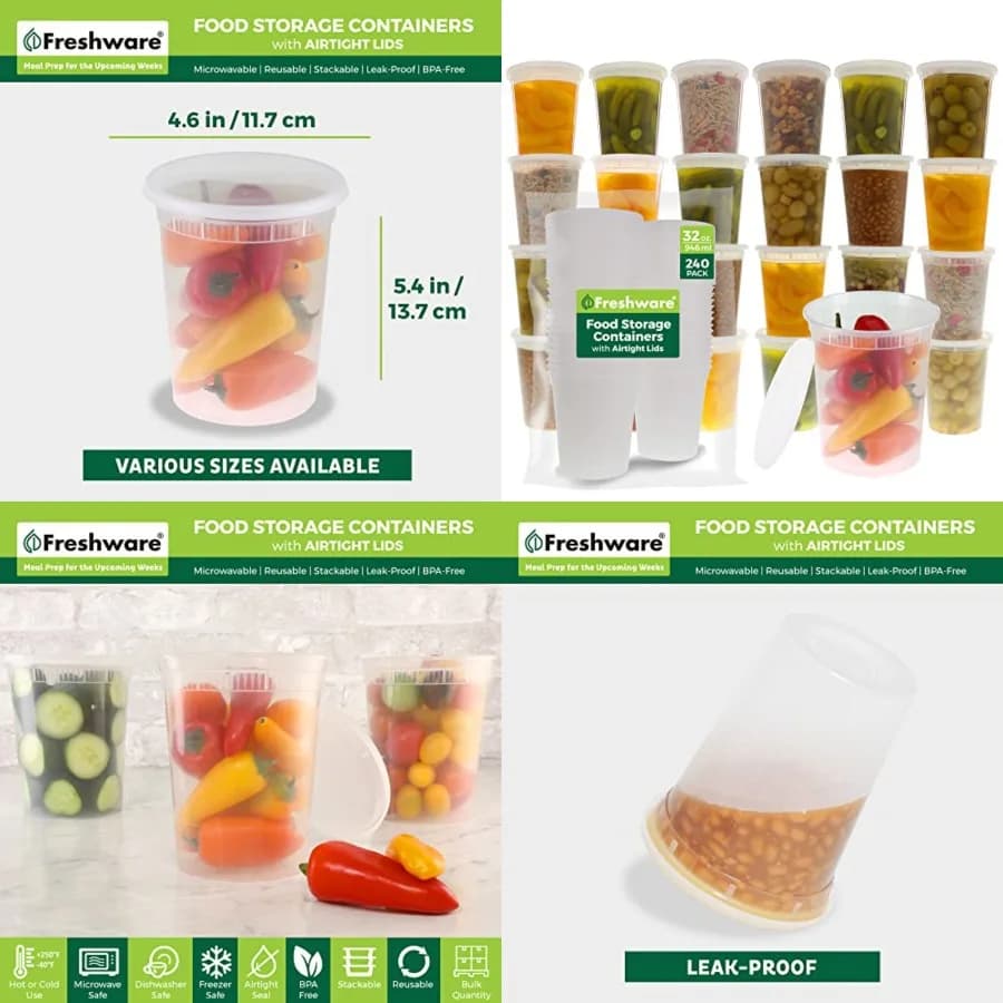 Contenitori per Alimenti [Set da 240] Contenitori in Plastica da 32 oz con Coperchi, per Slime, Zuppa, Preparazione Pasti, Senza BPA, Impilabili