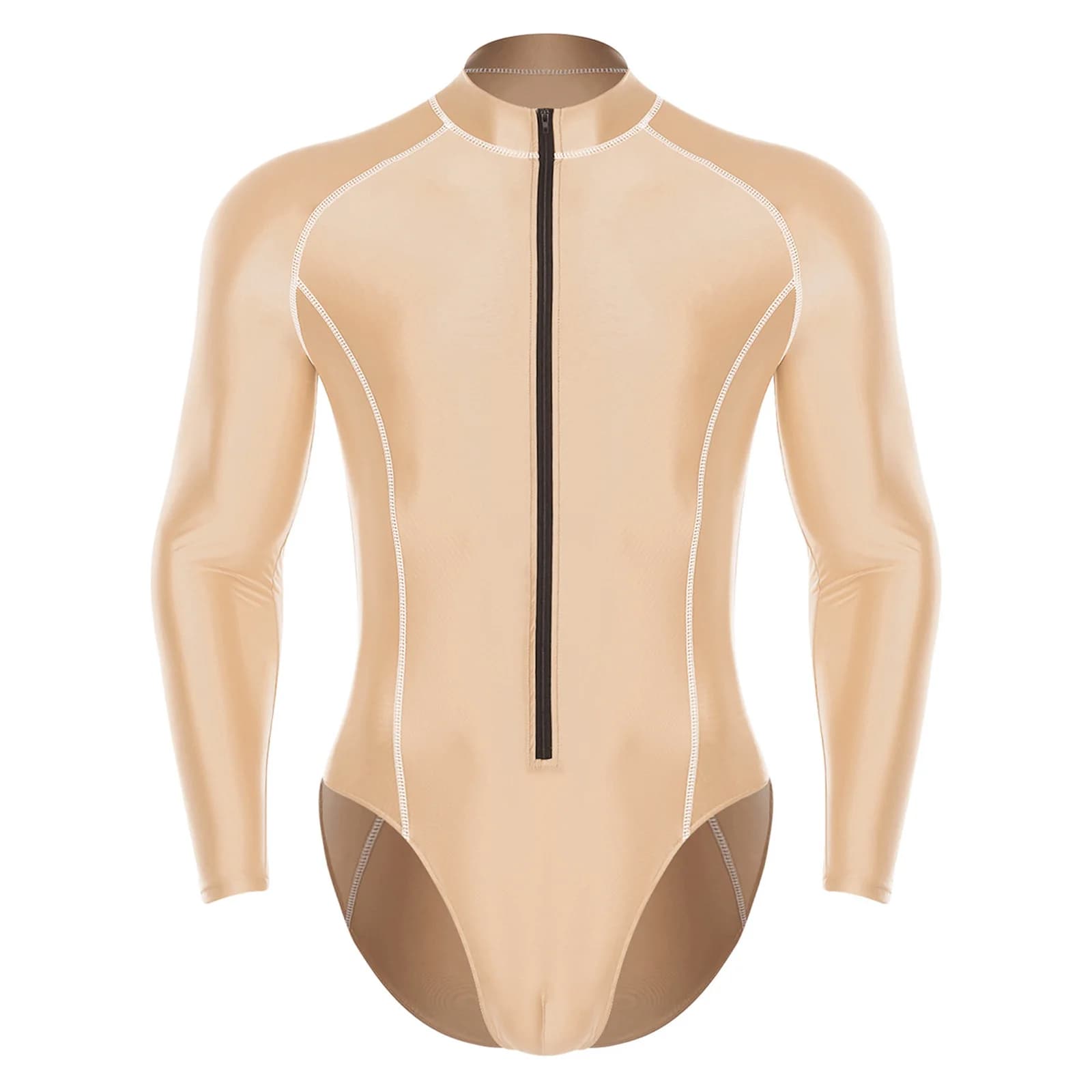 Body intero lucido elegante da uomo a maniche lunghe con collo alto e cerniera frontale per danza, nuoto, surf e allenamento