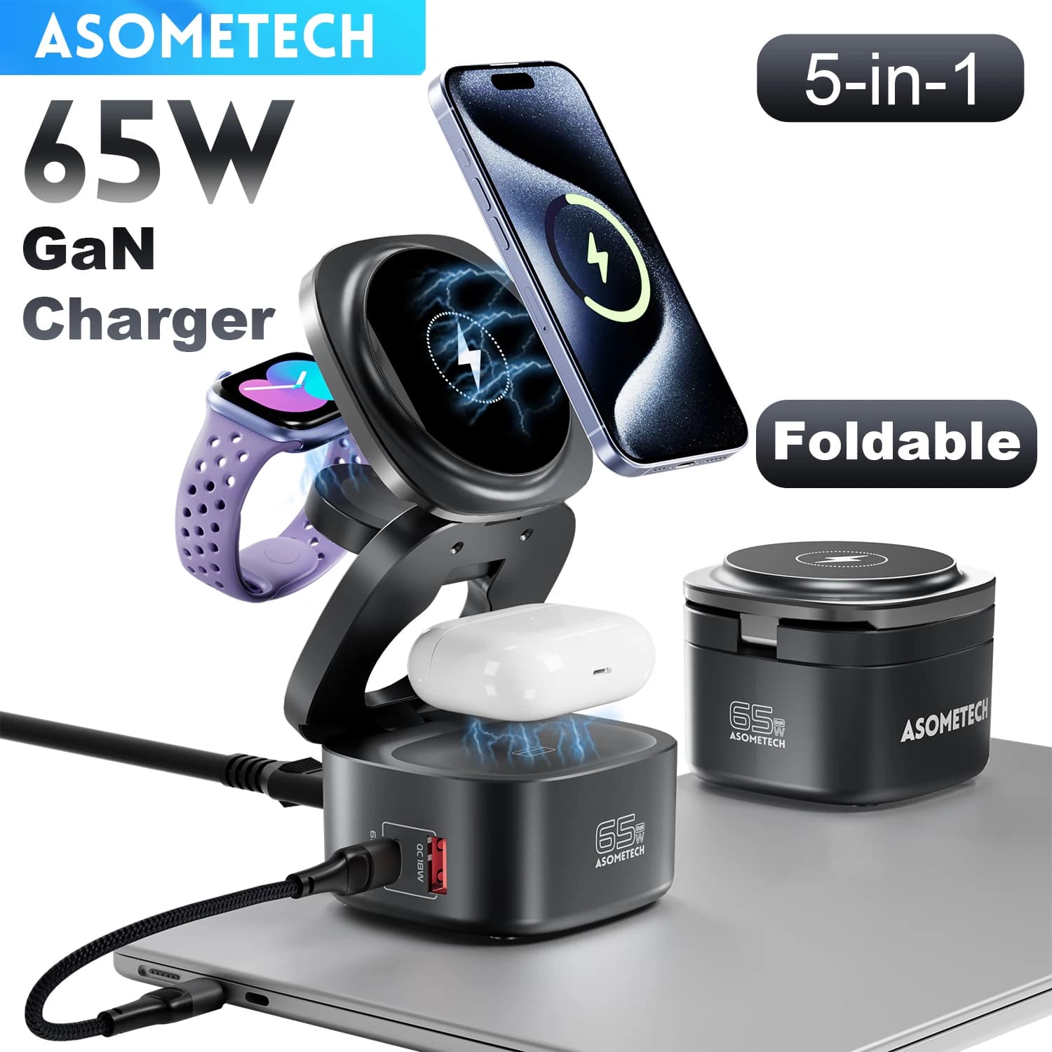 Caricatore USB C GaN da 65 W per MacBook Caricatore wireless magnetico 5-IN-1 Stazione di ricarica rapida pieghevole per iPhone 16 iWatch Airpod