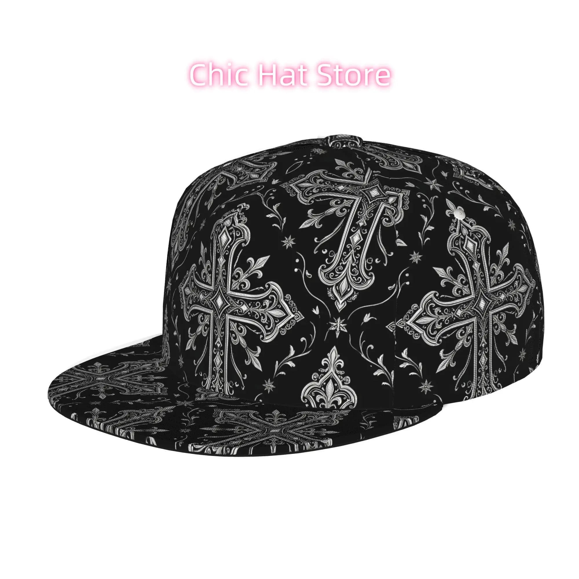 Ornate Gothic Silver Cross Pattern, Unisex All Over Print Flat Brim Baseball Cap, Hip Hop Streetwear Snapback Hat for Skateboard