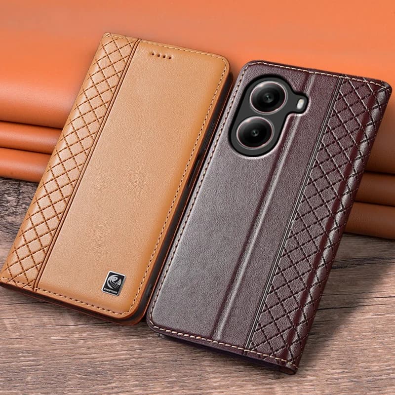 Flip Case For XIAOMI POCO X7 X7Pro Pro 5G Luxury Cowhide Genuine Leather Magnetic Cover Grid Pattern Card Pocket Wallet Cases