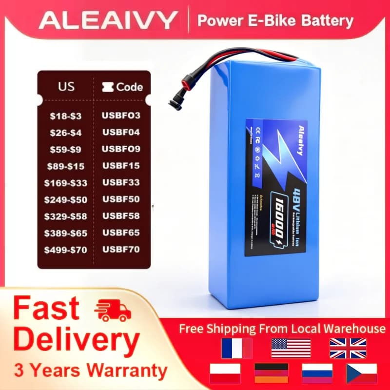 Brand+ Genuine Aleaivy High Capacity 48V 16Ah 18650 13S5P lithium ion Battery Pack With 2A Charger And 30A built-in BMS For 250W~1000W 48v Bicycle/Scooter