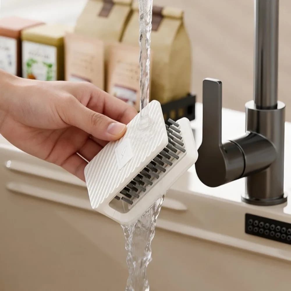 Double Side Utensil Cleaning Brush Wall Mount Anti-Slip Cutter Cleaning Brush U-Shaped with Adhesive Backing Kitchen Scrubber