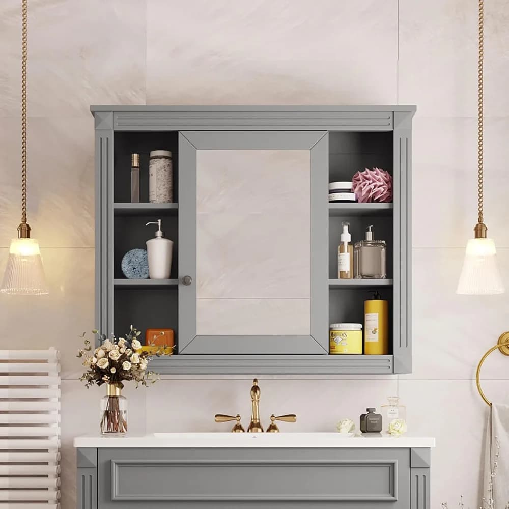 Armadietto dei medicinali da bagno con specchio, pensile da 35 W x 27,5 H con anta e ripiani regolabili, sopra il WC C