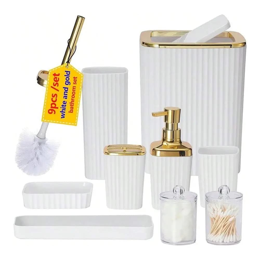 Set di Accessori, 9 Pezzi, Set Completo per Bagno Bianco con Portaspazzolino, Cestino, Dispenser Sapone Liquido, Bicchiere Portaspazzolino