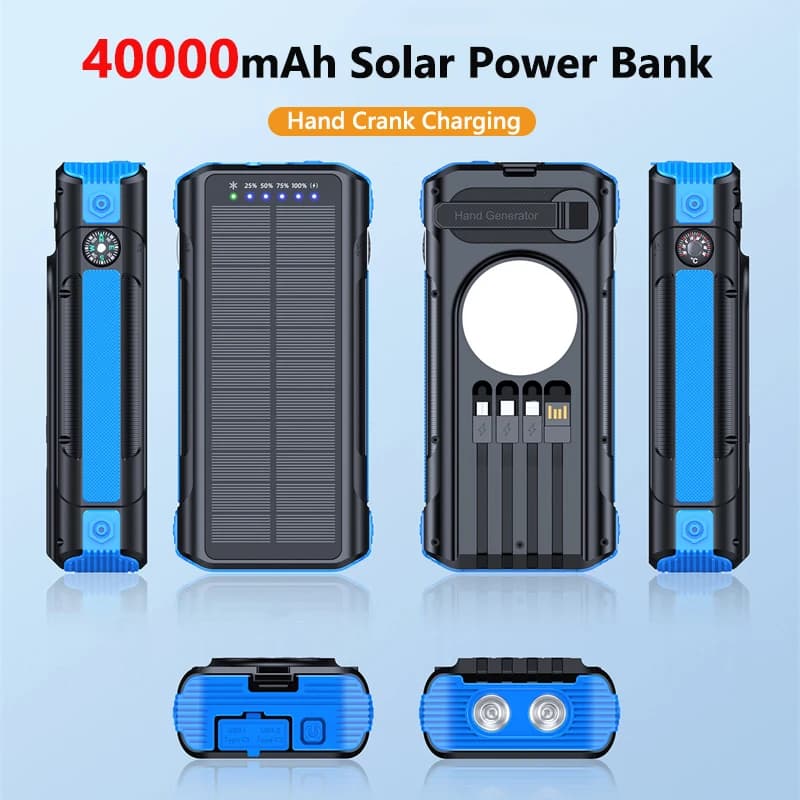 Hand Crank Solar Power Bank 40000mAh with Cables LED Camping Light Waterproof Powerbank External Battery For iPhone 17 Samsung