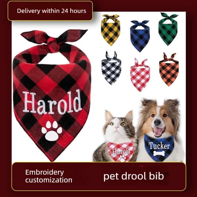 Bandana per cani con nome ricamato, sciarpa personalizzata per animali domestici, bandana in cotone a quadri lavabile, collare con papillon, sciarpa triangolare per gatti e cuccioli.