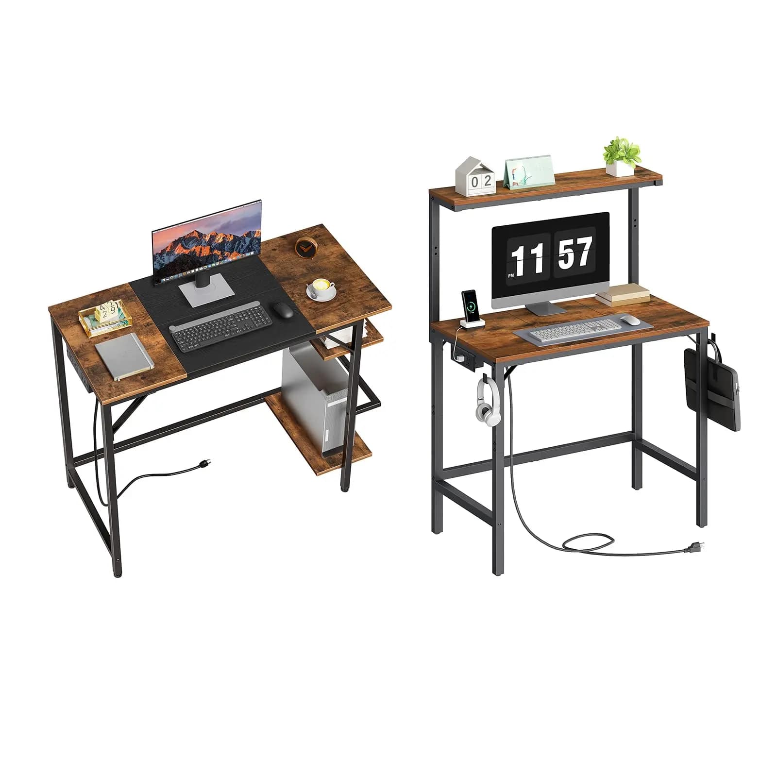 Scrivania per computer con presa di corrente e supporto regolabile per monitor per ufficio domestico
