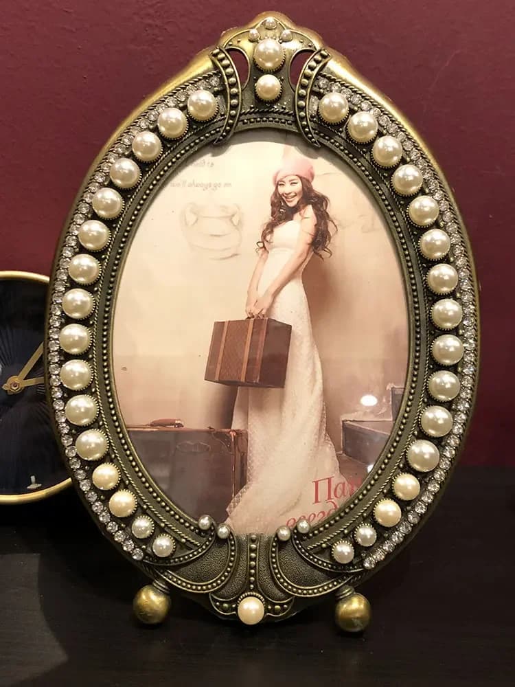 Antique Brass Silver Plating With White Pearls And Clear Rhinestones Jeweled 4x6,5x7 Inch Metal Picture Photo Frame