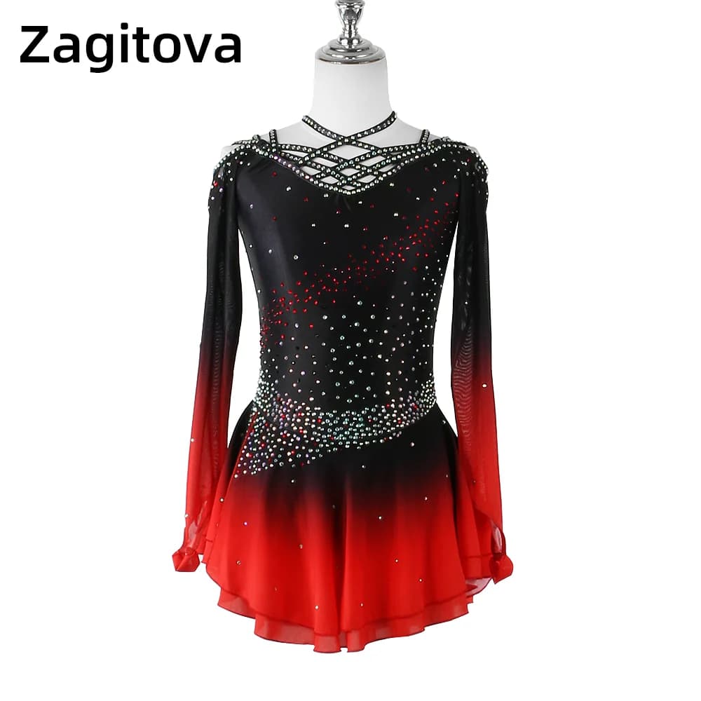 Zagitova Abito da pattinaggio di figura Donna Ragazza Gonna da pattinaggio su ghiaccio Concorso di prestazioni Costume con gonna a rete sfumata rossa nera