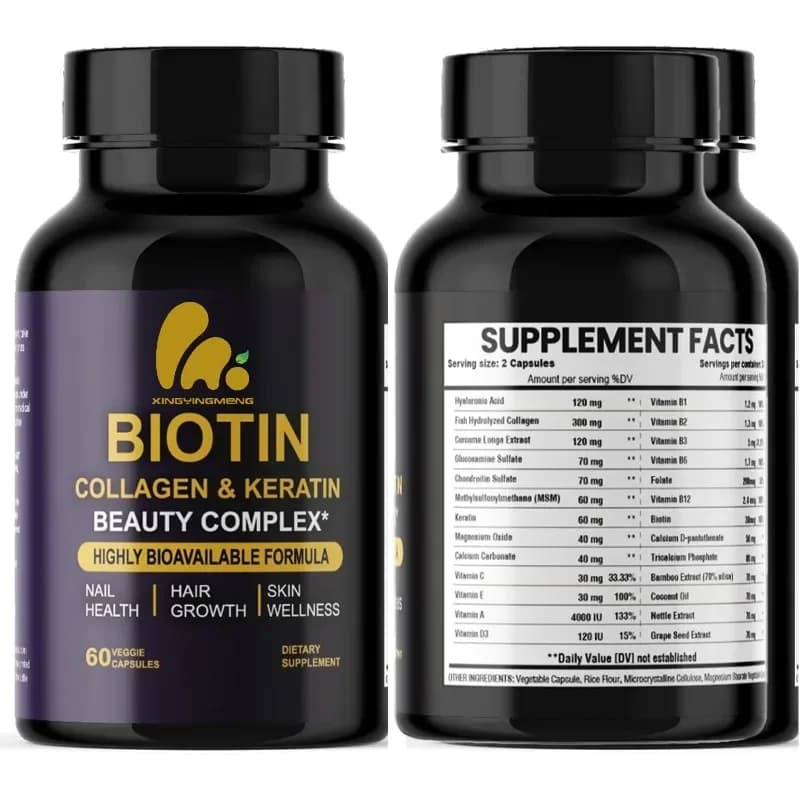 Hyaluronic acid, biotin, collagen, keratin, cucumber, vitamin 25000 Beauty complex, 60 vegetarian capsules
