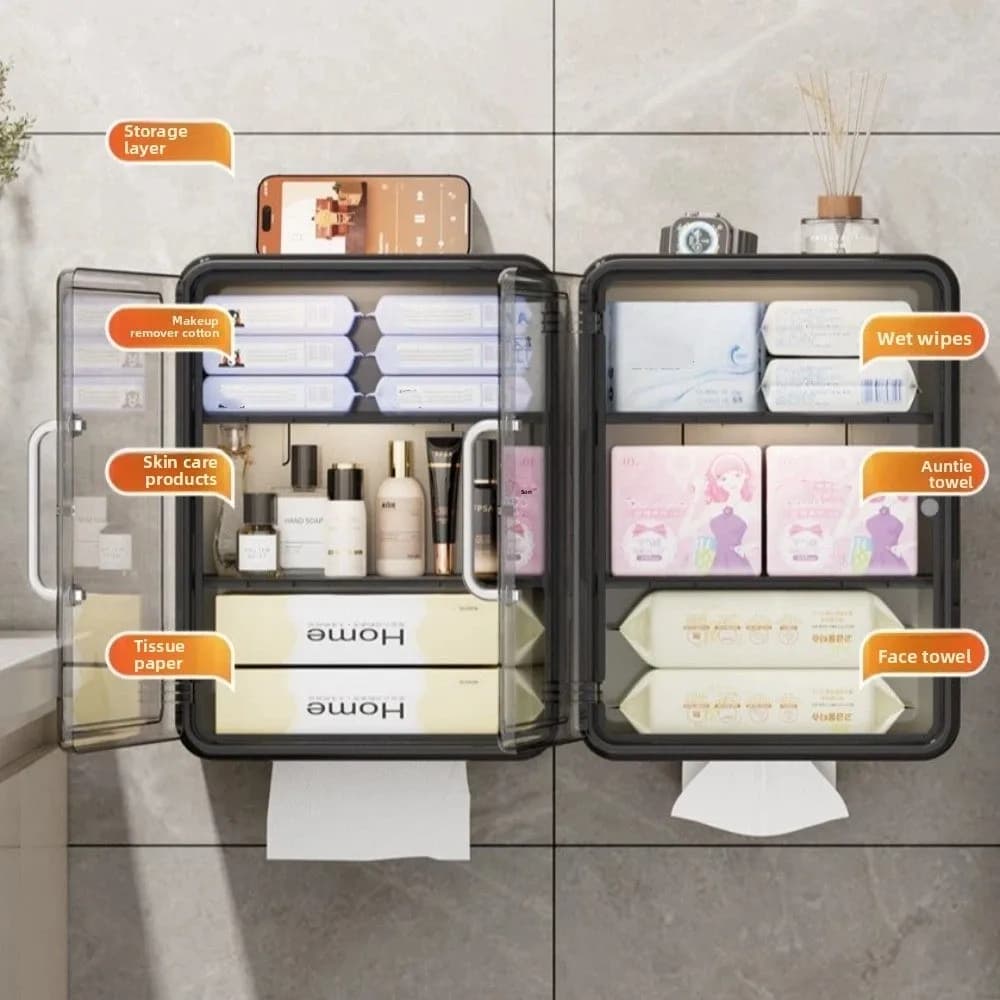 Large Capacity Wall Mounted Storage Box Dust-proof No Punching Bathroom Storage Cabinet Waterproof Space Saving