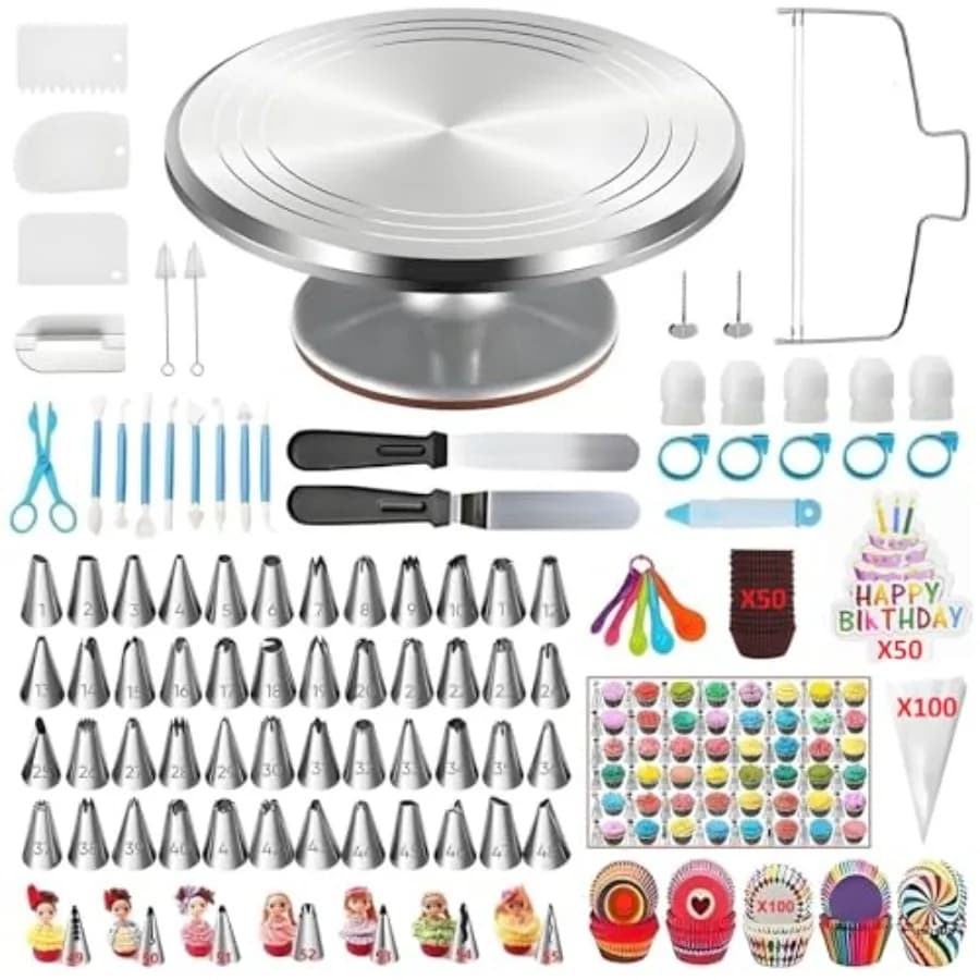 Kit Decorazione Torte da 393 Pezzi con Livellatore per Torte in Alluminio, 55 Punte Numerate per Glassa e Decorazione, 2 Spatole, 3 Raschietti, 5 Connettori, 00 Sacchetti da Pasticceria