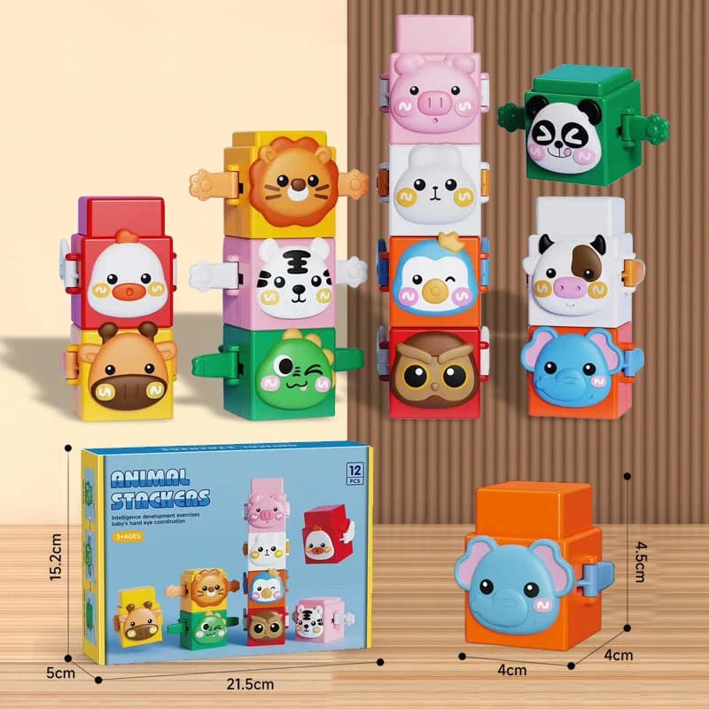 Giocattoli educativi impilabili per bambini Set di blocchi di costruzione Push Giocattolo per animali Giocattolo da tavolo Giocattolo impilabile per animali dei cartoni animati