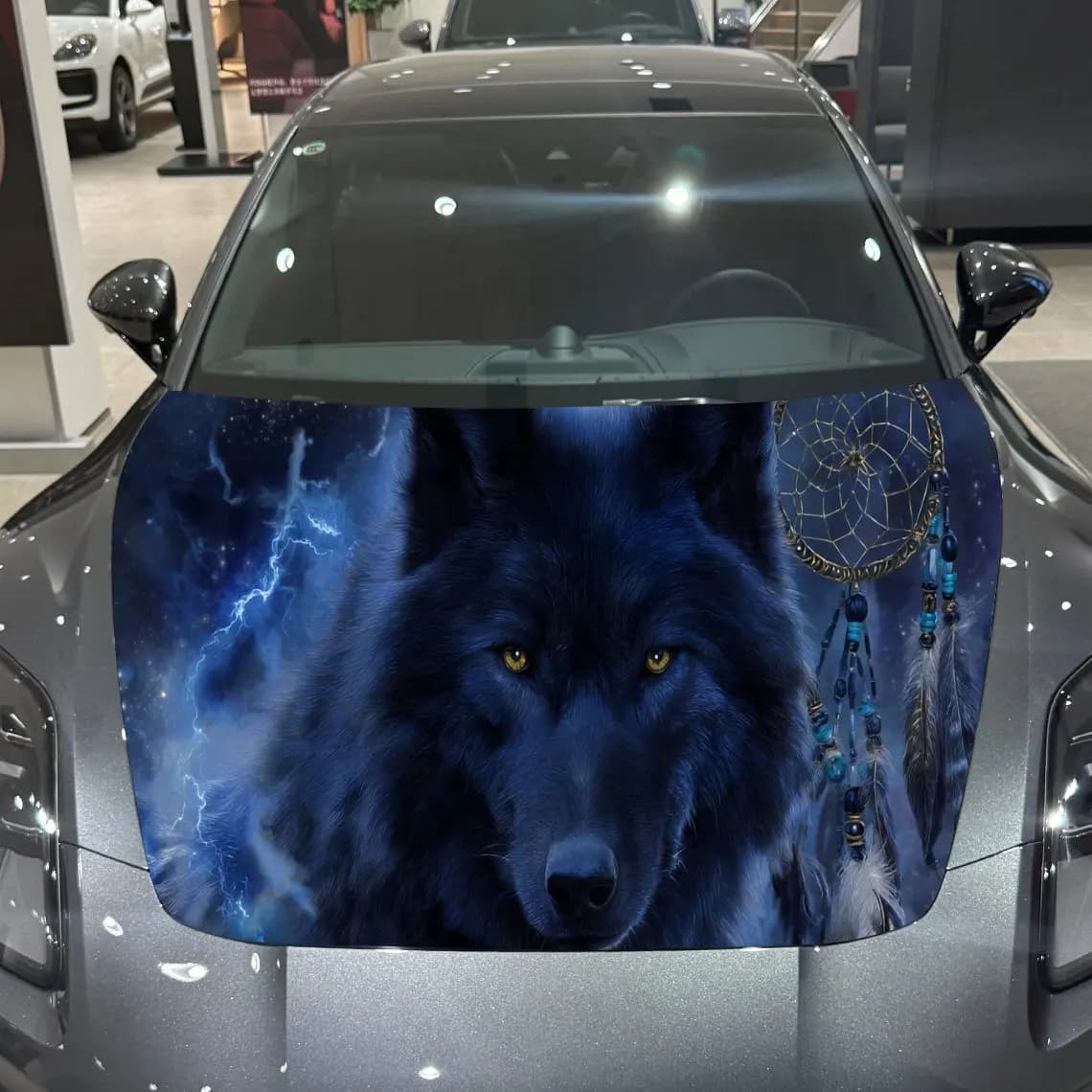 Lightning Wolf Dreamcatcher Mystic Adventure PVC Car Hood Wraps, Self-Adhesive Waterproof Car Bonnet Decal Sticker, Car Decorati