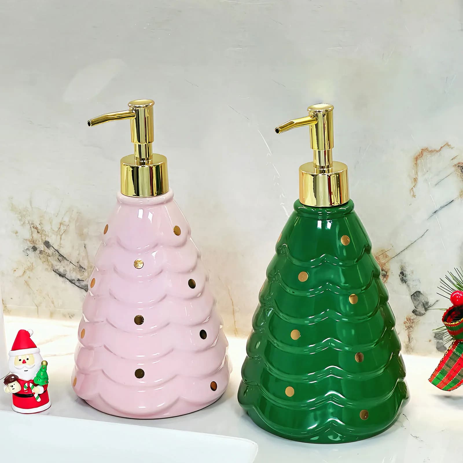 Dispenser di sapone per albero di Natale Pompa a mano vuota Contenitore per bottiglia di lozione Decorazioni natalizie per la casa dell'hotel Lavanderia Controsoffitto della cucina