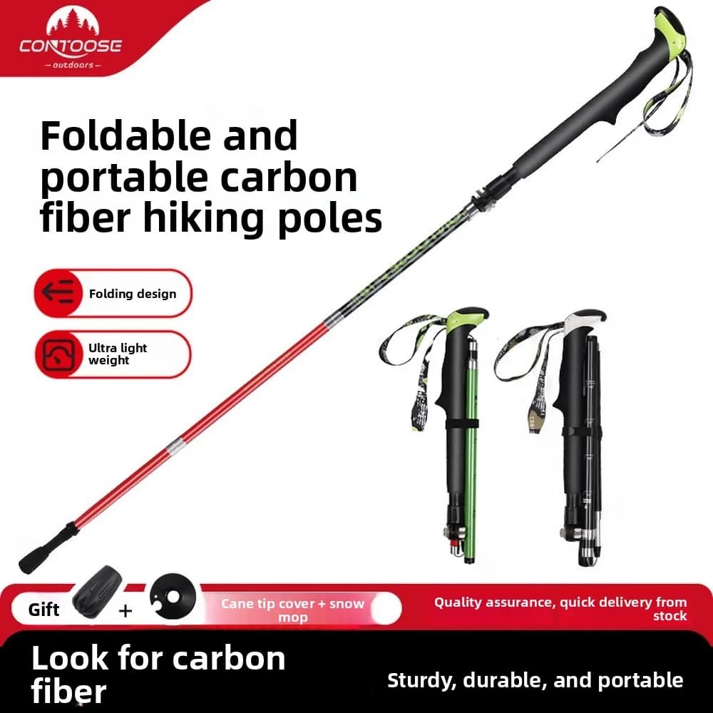 Carbon Fiber Folding Trekking Pole Single Pack Lightweight Hiking Stick 35cm Compact Adjustable Walking Pole EVA Handle