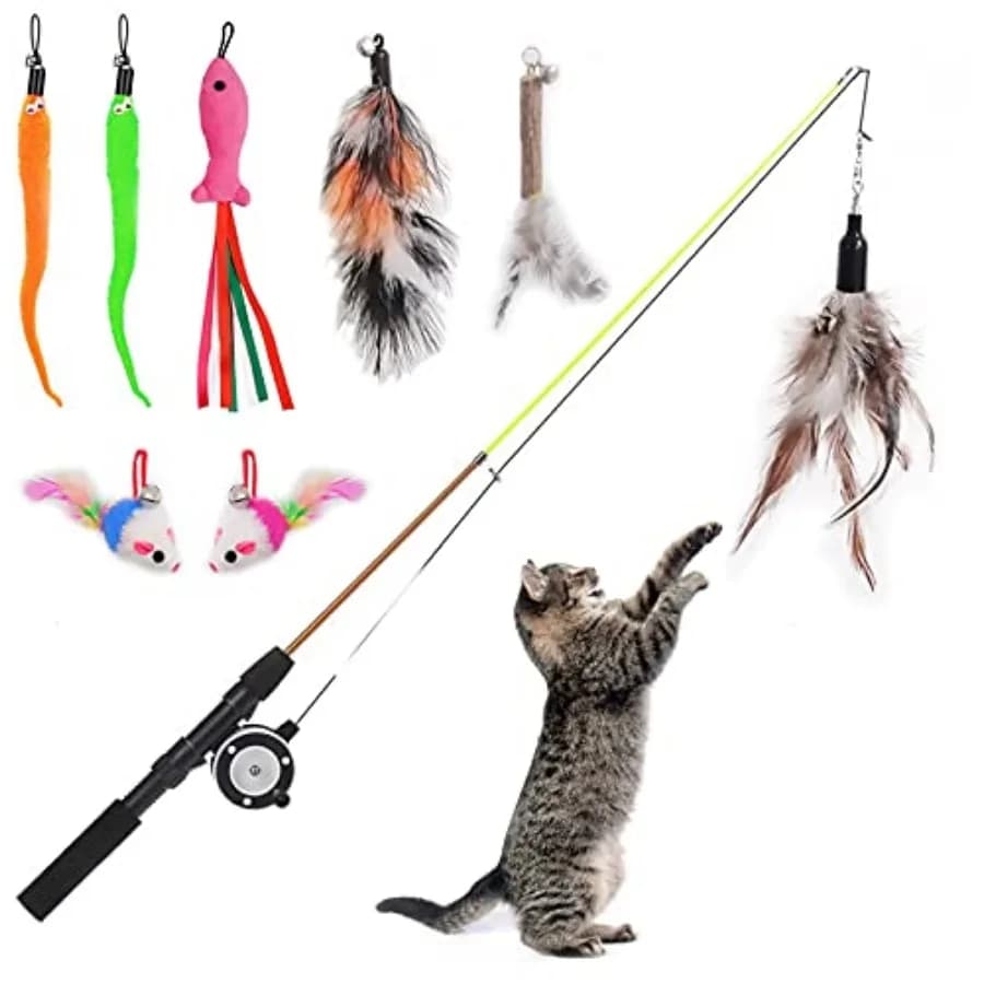 Retractable Cat Teaser Wand Toy, Cat Toys for Indoor Outdoor Cats Interactive Fishing Rod with 8 Pcs Refills Feather Toy, Plush