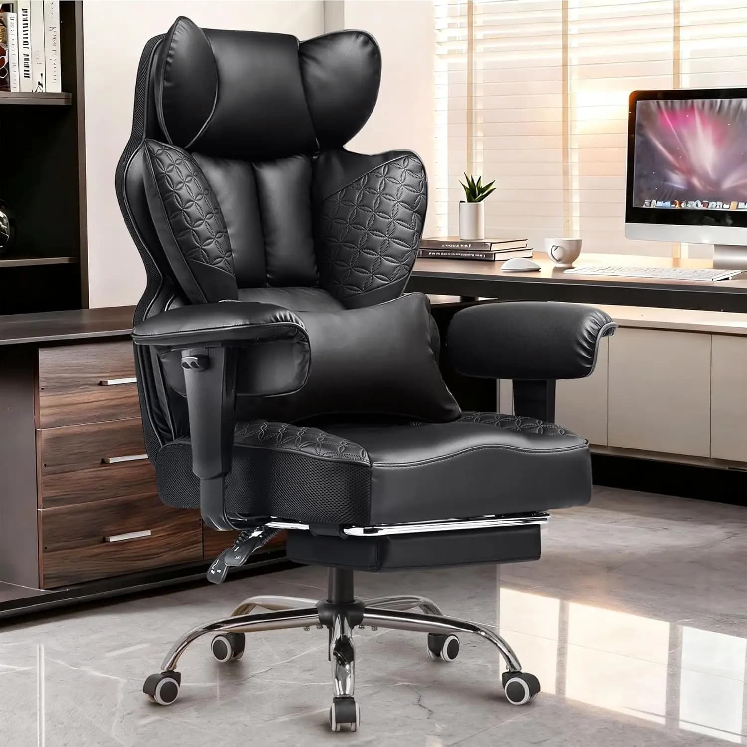 Sedia da Ufficio e Gaming Robusta per Persone Alte e Robuste, con Schienale Ergonomico Alto, Poggiapiedi, Reclinabile, Supporto Lombare