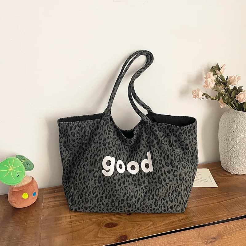 Vintage Leopard Print Tote Bag, Letter Print Large Capacity Shoulder Bag, Y2K Casual Handbag For Women Daily & Commute