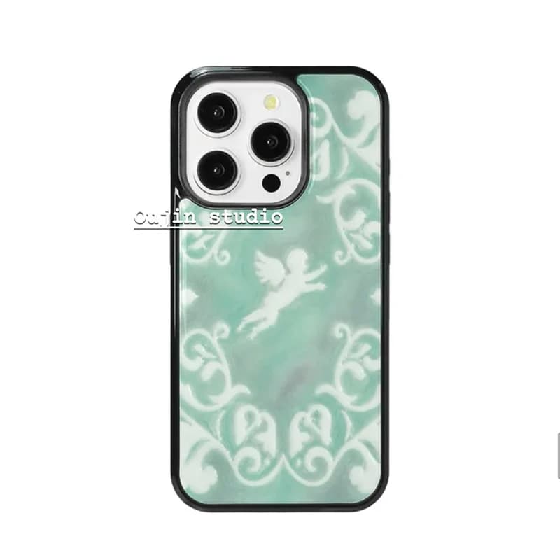 Mint Green Baroque Pattern Angel Black Border Drip Glue Phone Case For iPhone 17 Air 16 Pro Max 15 14 Plus 13 12 11 Back Cover