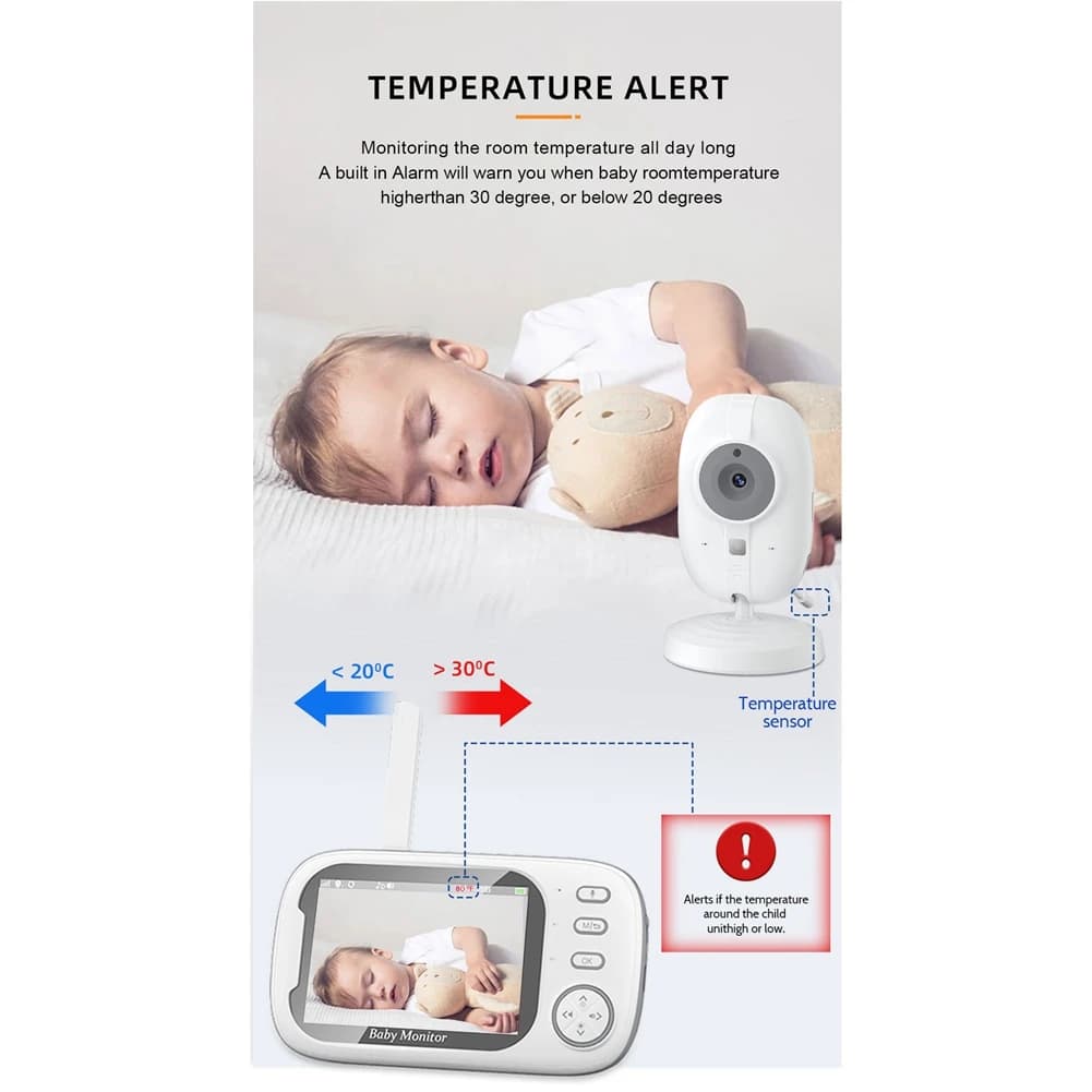 B50C Video Baby Monitor, Baby Caregiver, 3.5Inch IPS Screen Baby Camera Monitor Lullaby Feeding Alert,EU Plug Easy Install