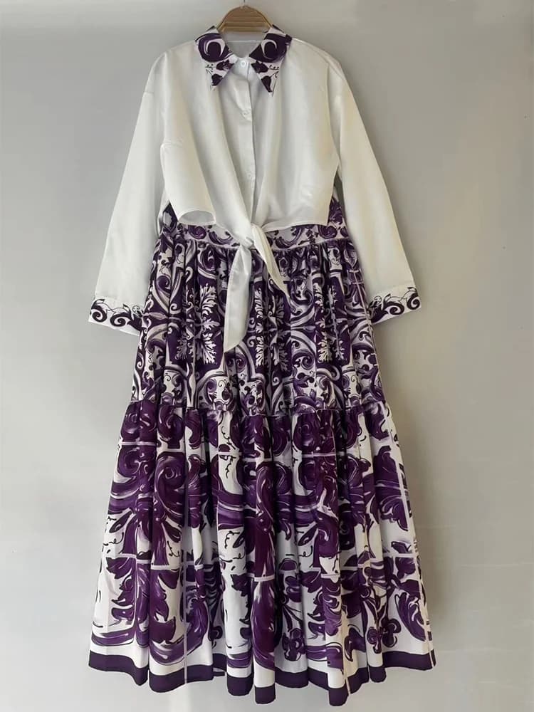 Fashion spring woman new shirt in waist with long sleeve laces with twisted in two pieces + woman's dress with big skirt in shape of A high waist