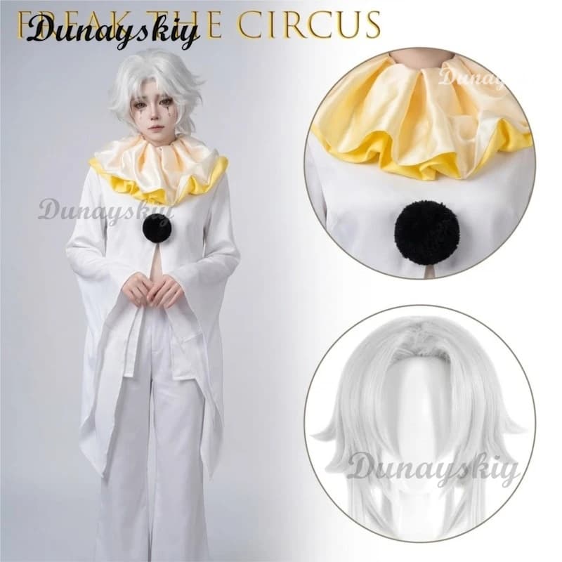 Costume da Clown Bianco Pierrot per Feste a Tema, Set Completo con Maschera, Capelli Lunghi Bianchi e Campanello, per Convenzioni e Feste di Halloween