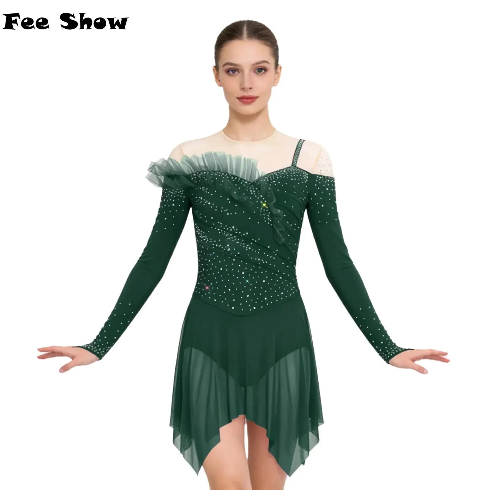 Abito da ballo latino scintillante da donna con strass, vestito da performance con volant in tulle, costume da ginnastica e pattinaggio artistico
