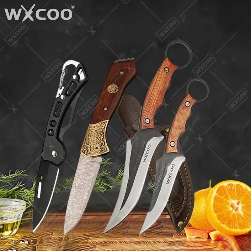 Coltello Pieghevole WXCOO con Motivo Damascato, Resistente, per Cucina, Coltello da Sbucciatura, Coltello da Chef, Coltello da Macellaio, Coltello da Disosso, con Manico in Legno