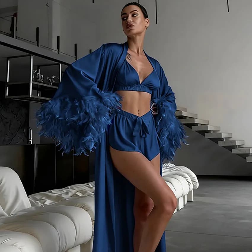 Pigiama da donna a maniche lunghe con top corto, set loungewear con scollo a V e vita annodata, pigiama da donna con pantaloncini e bordo in piume