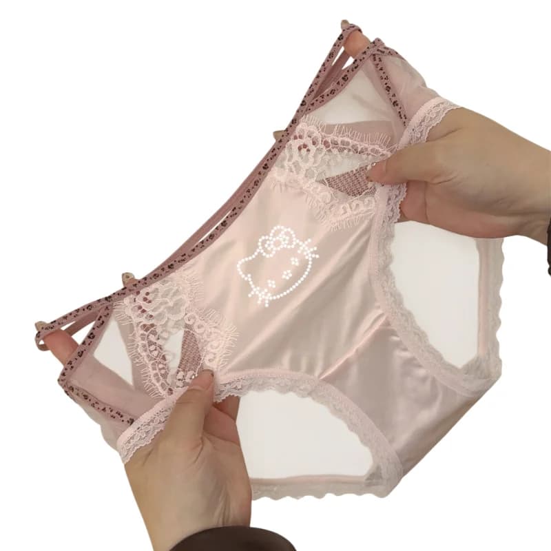 2 Pezzi Mutandine Sexy in Pizzo Hello Kitty per Donna, Lingerie Elastica a Vita Media, Perizoma Femminile Traforato con Stampa Leopardata, Intimo