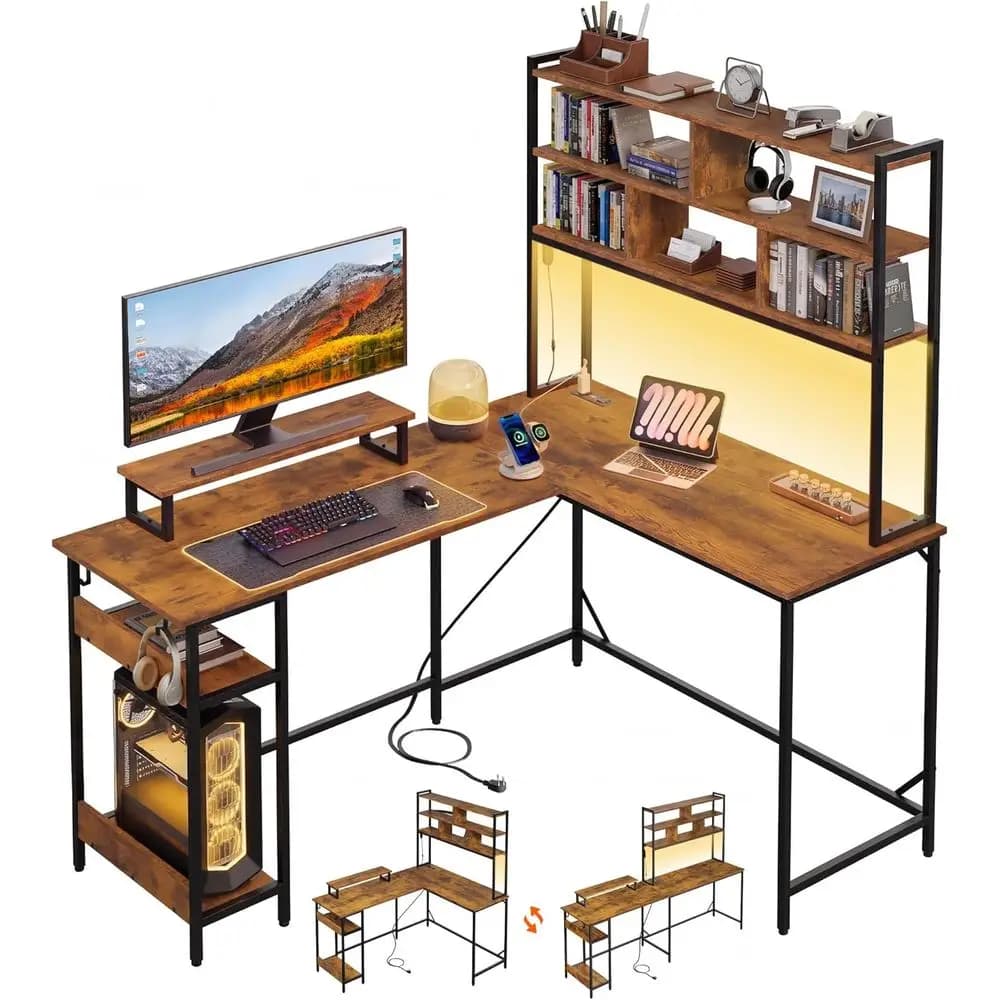 60 L-Shaped Gaming Desk with Drawers, Storage, LED Lights, Power Outlets, Monitor Stand, Rustic Brown
