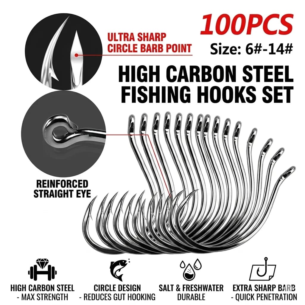 Set di 100 Ami da Pesca in Acciaio ad Alto Tenore di Carbonio # 6- # 14 Ami da Pesca Circolari Affilati con Ardiglione per Acqua Salata e Dolce, Accessori per Scatole da Pesca