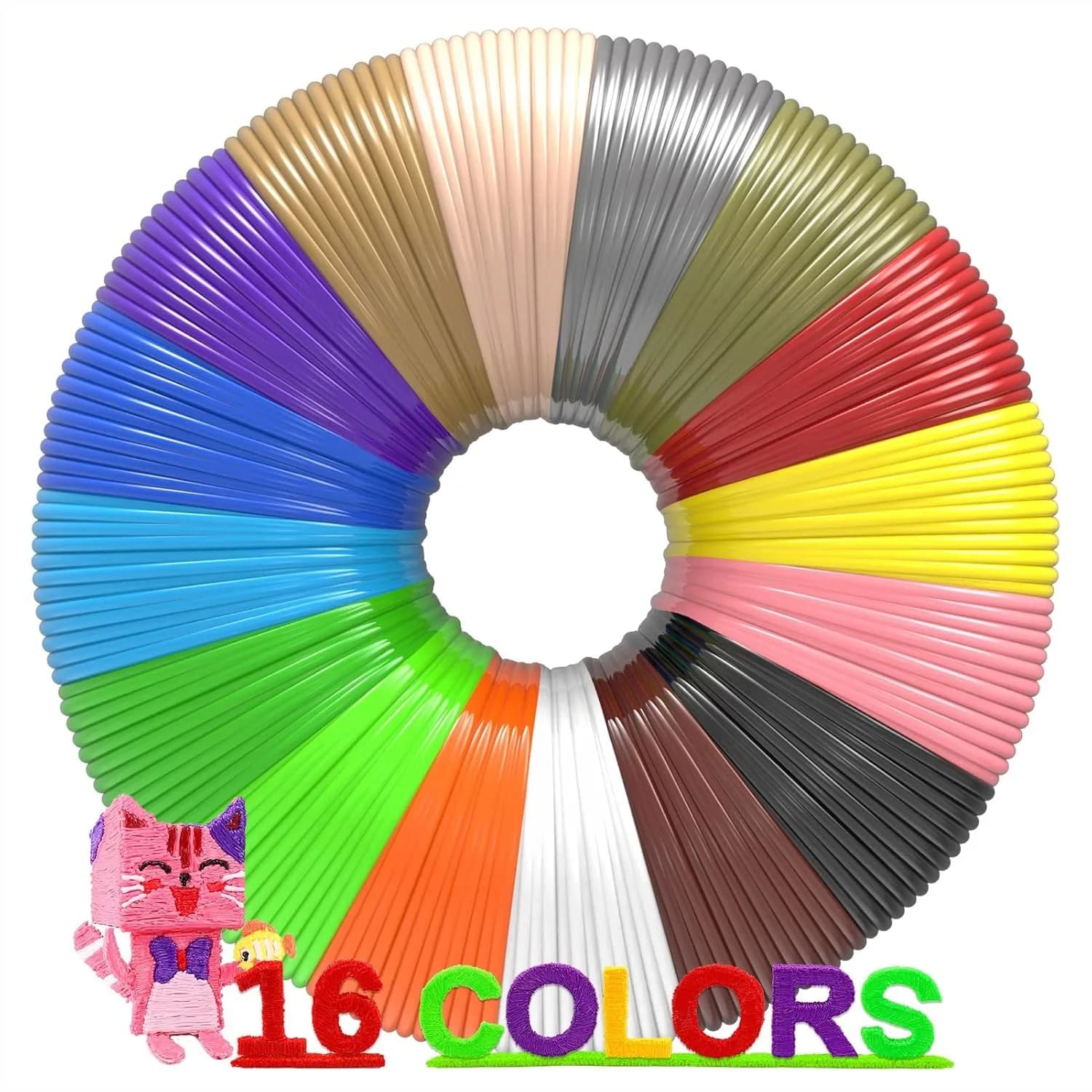 Filamento per Penna 3D, 160 Piedi, 16 Colori, 10 Piedi Ciascuno, 250 Stencil eBook - Ricarica PLA 1.75mm per la Maggior Parte delle Penne 3D